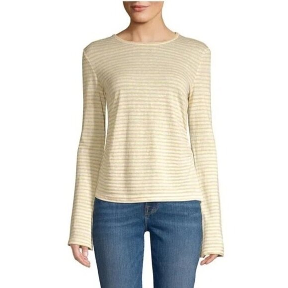 Frame Shirt Women Large Ivory Metallic Gold Striped Linen Blend Split Cuff Tee - Picture 1 of 12